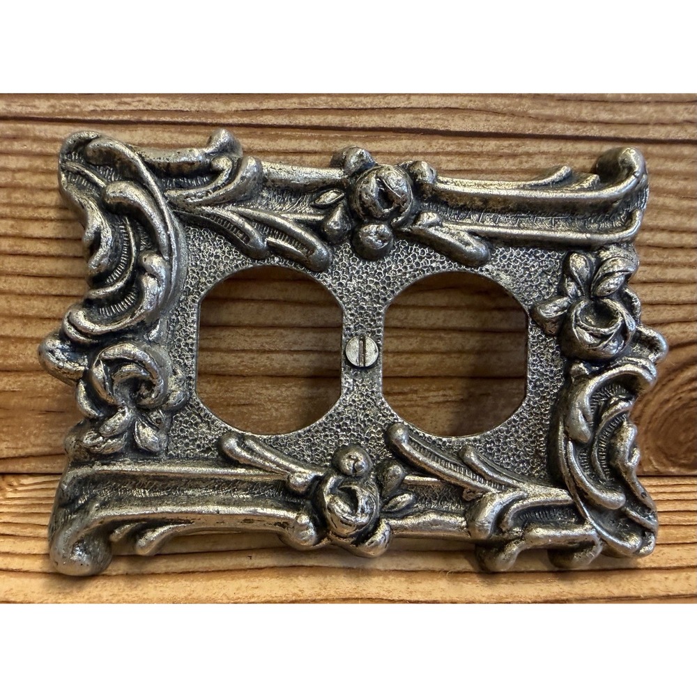 Vintage Pewter Metal Outlet Cover Wall‎ Plate Covers Floral Scroll Silver Tone